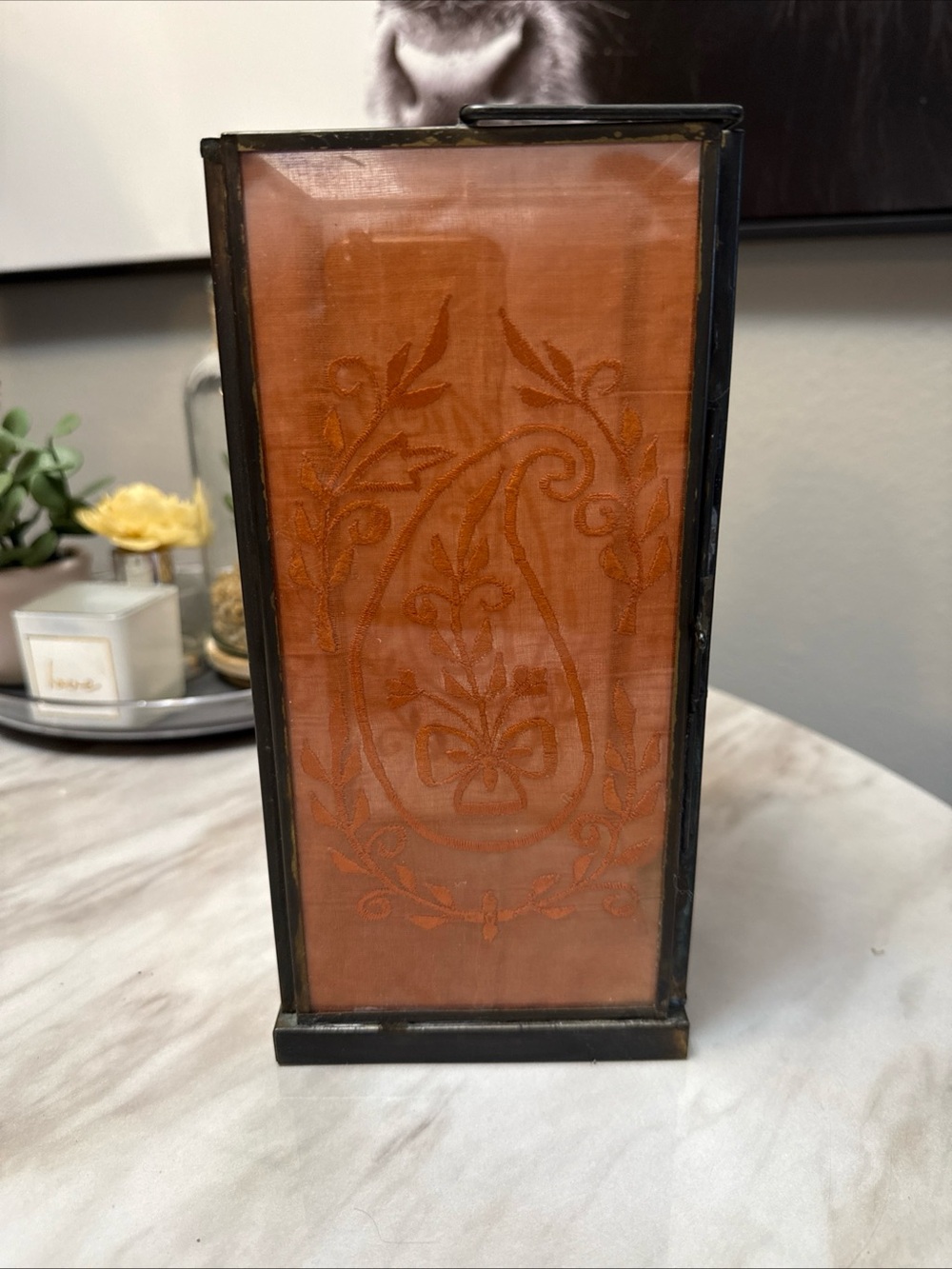 Square lantern paper thin stitching inside glass